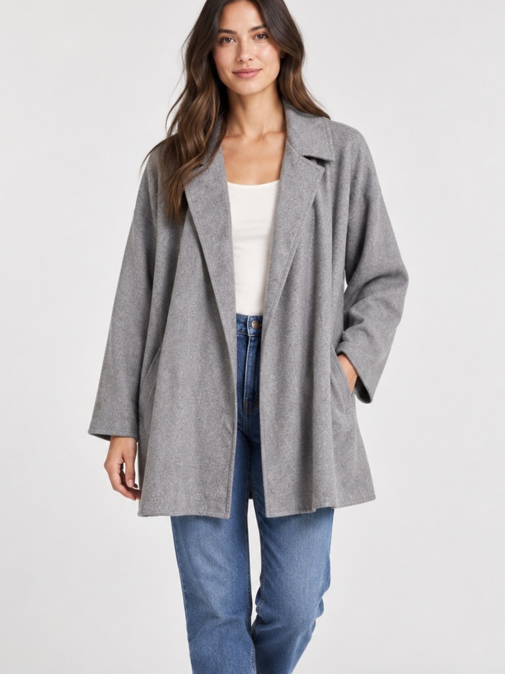 Zoran Vintage 1990s Wool Angora Gray Open Front Drape Jacket Made in Italy
